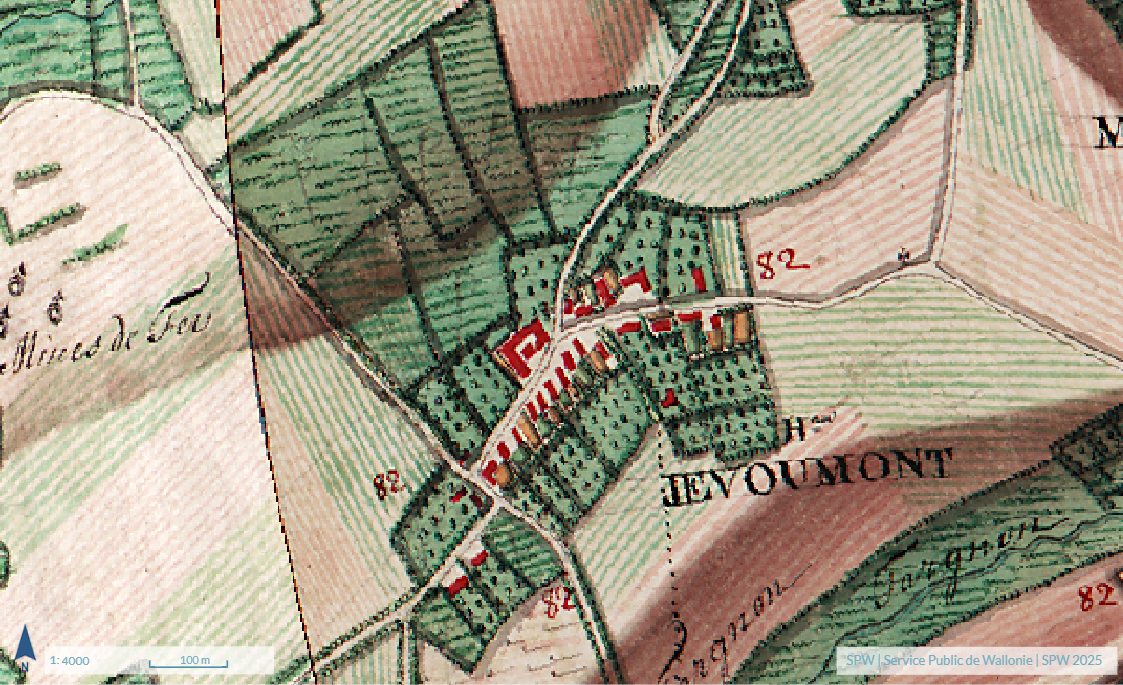 Carte de Ferraris (1771–1778) montrant le village de Jevoumont et ses principales fermes à la fin du XVIIIᵉ siècle.