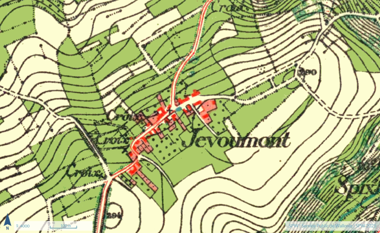 Carte du dépôt de la guerre (vers 1865) montrant l’organisation du paysage agricole autour de Jevoumont.